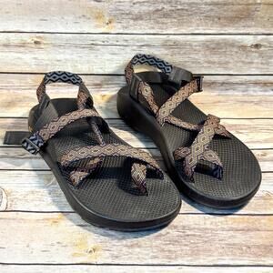 Chaco Mens Brown Orange Tribal Pattern Toe Loop Outdoor Hiking Sandals Size 12
